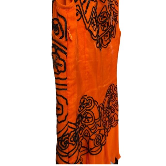 Max Mara Party Dress Orange w/ Black Piping & Sequins. S 38. Craftsmanship! - Picture 6 of 9